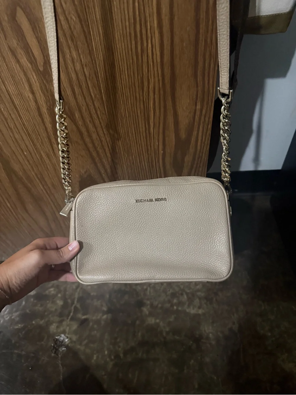 Michael Kors Blush Pebbled Leather Crossbody with Gold Chain